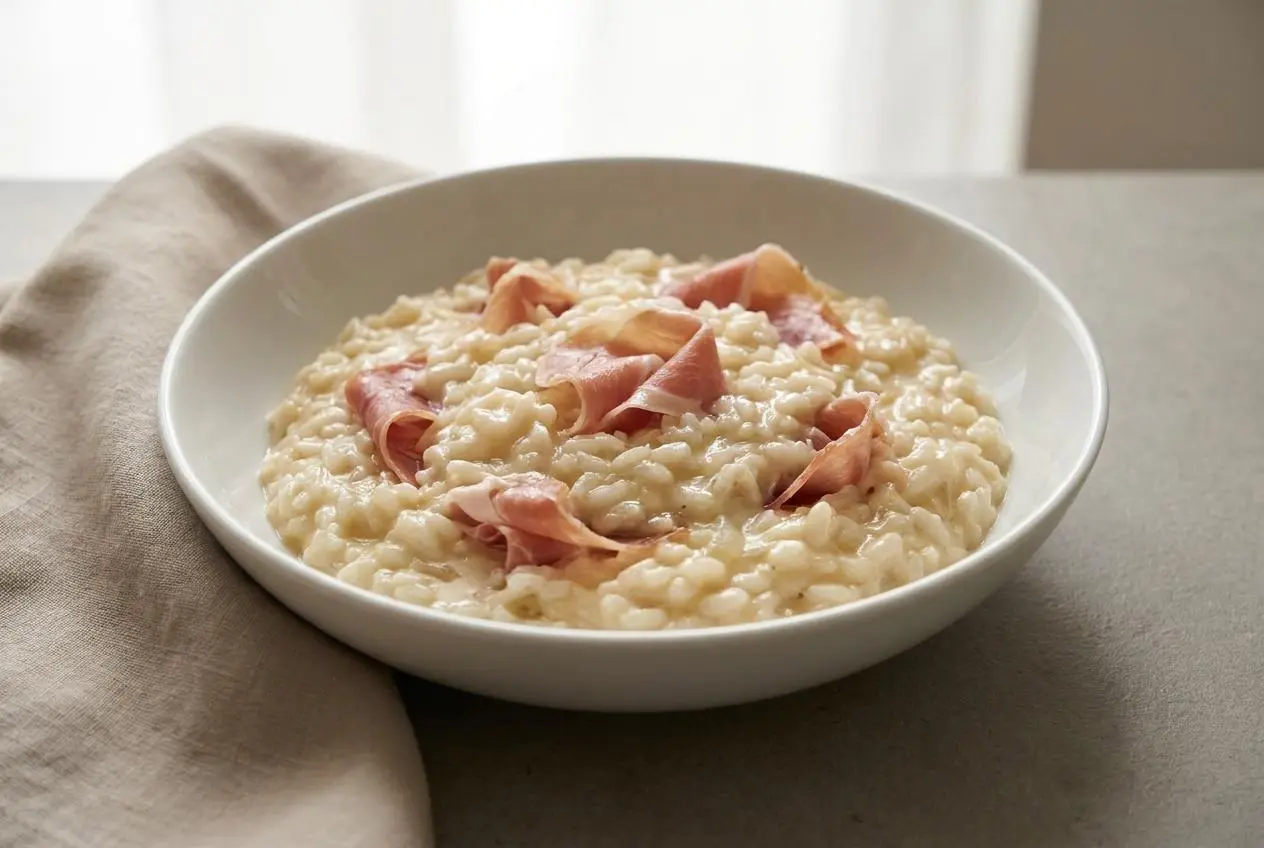 Risotto au jambon crémeux servi dans une assiette creuse avec chiffonnade de jambon cru et parmesan.