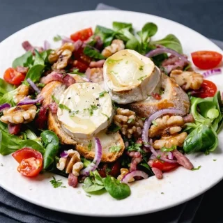 Salade de chèvre chaud au miel sur un lit de mâche fraîche avec lardons croustillants et noix