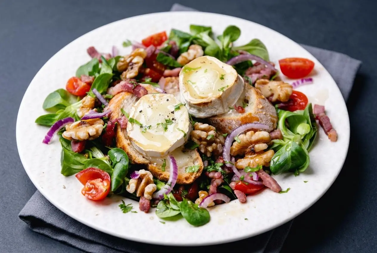 Salade de chèvre chaud au miel sur un lit de mâche fraîche avec lardons croustillants et noix