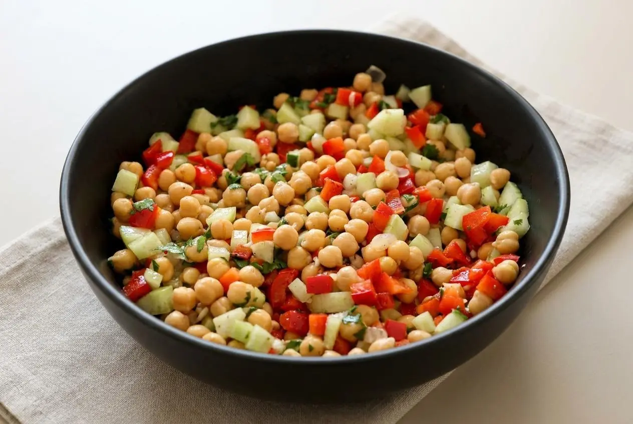 Salade de pois chiches fraîche avec poivron rouge et concombre assaisonnée de citron et coriandre dans un bol blanc.