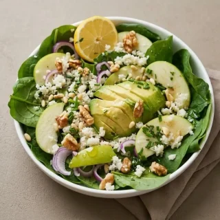 Salade détox fraîche avec semoule de chou-fleur, tranches d'avocat fondant, pousses d'épinards et éclats de noix.