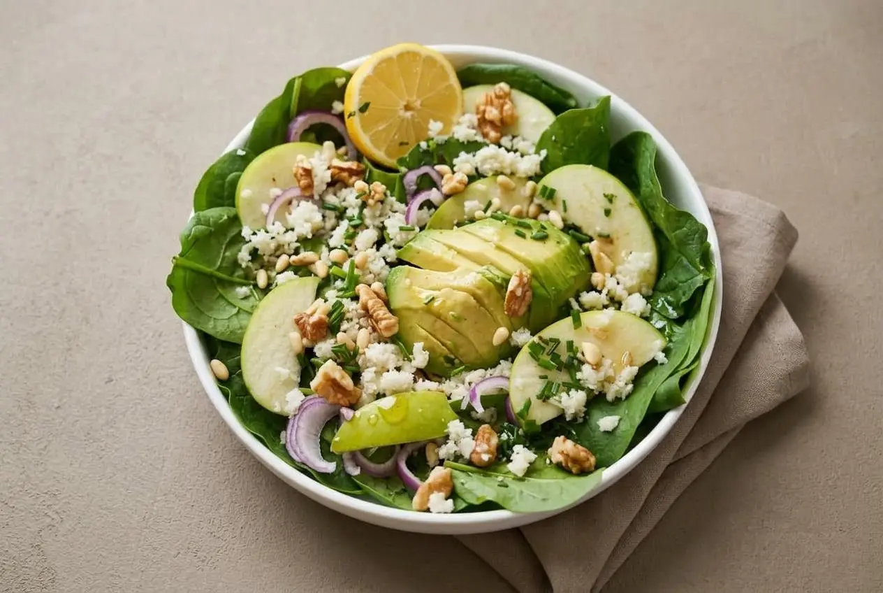 Salade détox fraîche avec semoule de chou-fleur, tranches d'avocat fondant, pousses d'épinards et éclats de noix.