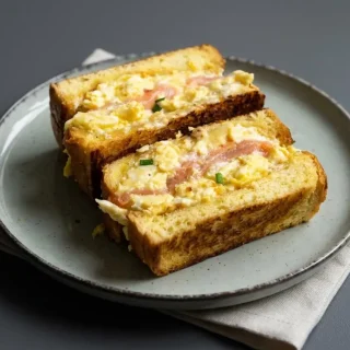 Sandwich oeuf saumon fumé sur tranche de brioche dorée garnie d'œufs brouillés crémeux et d'herbes fraîches.