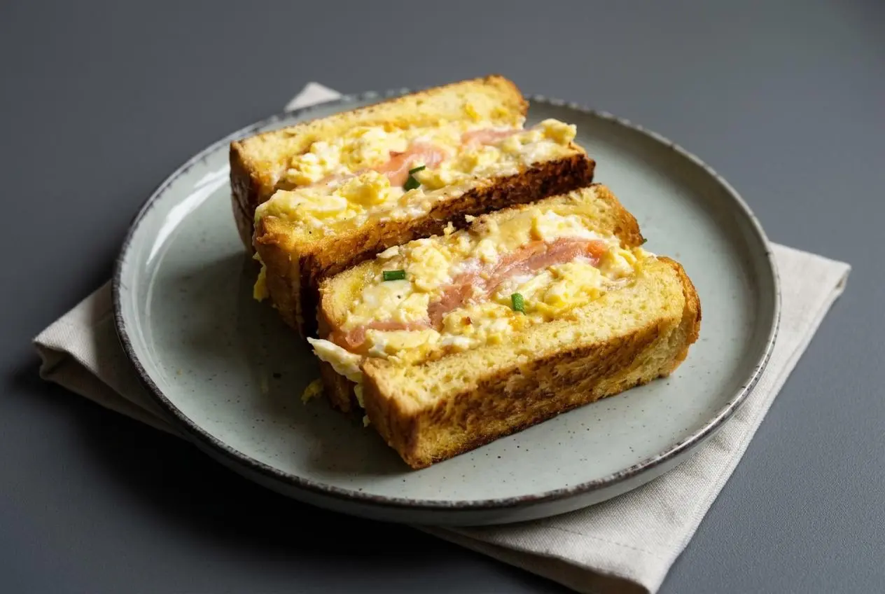 Sandwich oeuf saumon fumé sur tranche de brioche dorée garnie d'œufs brouillés crémeux et d'herbes fraîches.