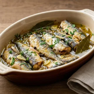 Sardines à l’escabèche poêlées dorées et recouvertes d’une marinade acidulée aux herbes et échalotes.