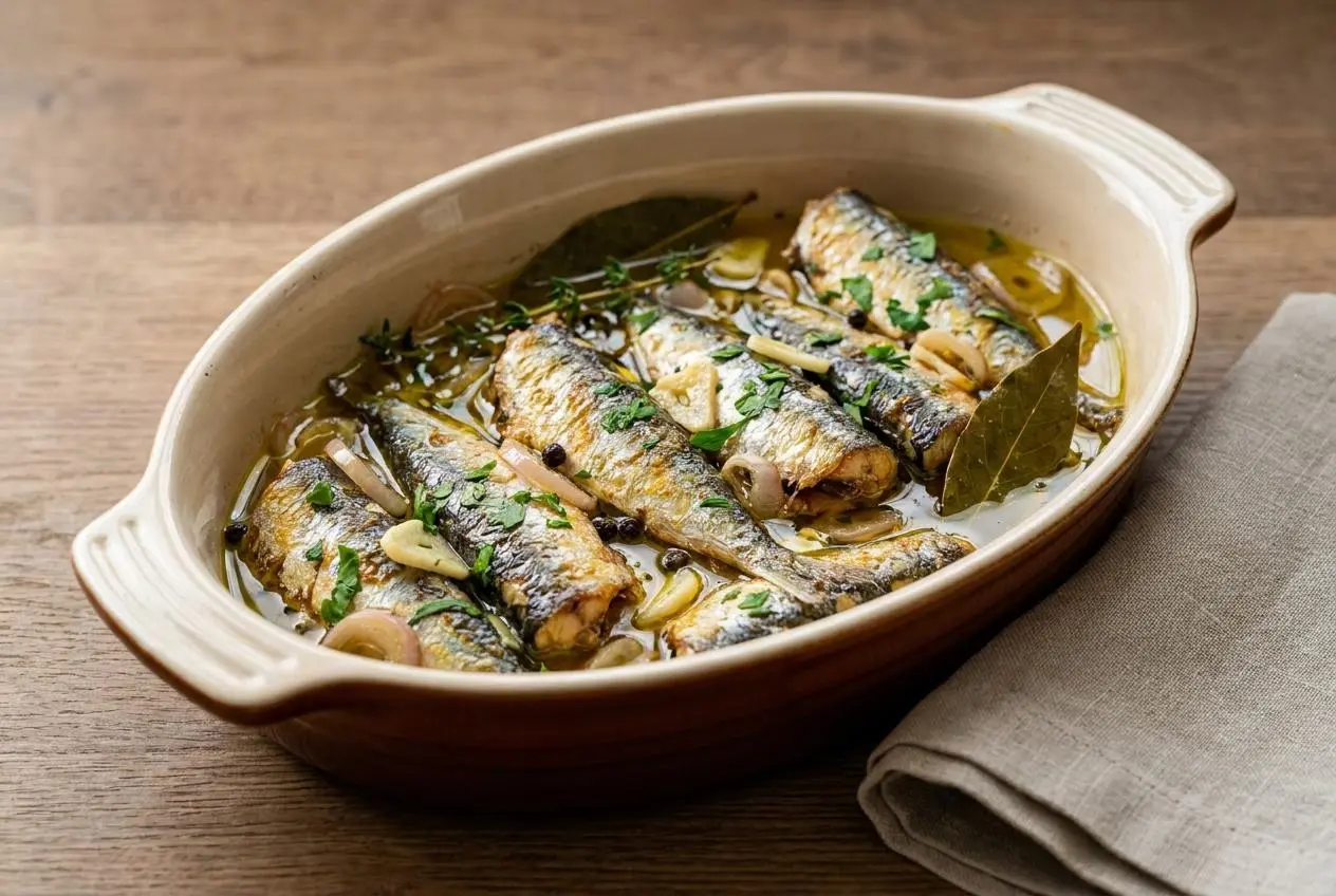 Sardines à l’escabèche poêlées dorées et recouvertes d’une marinade acidulée aux herbes et échalotes.