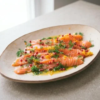 Saumon cru mariné au citron et à l'aneth frais, parsemé de baies roses et de zestes d'agrumes.
