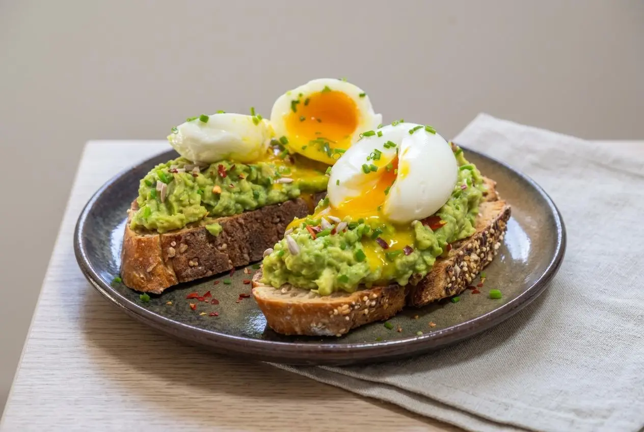 Tartines Avocat et Oeuf Mollet sur pain de campagne croustillant avec écrasé d'avocat crémeux et oeuf coulant.