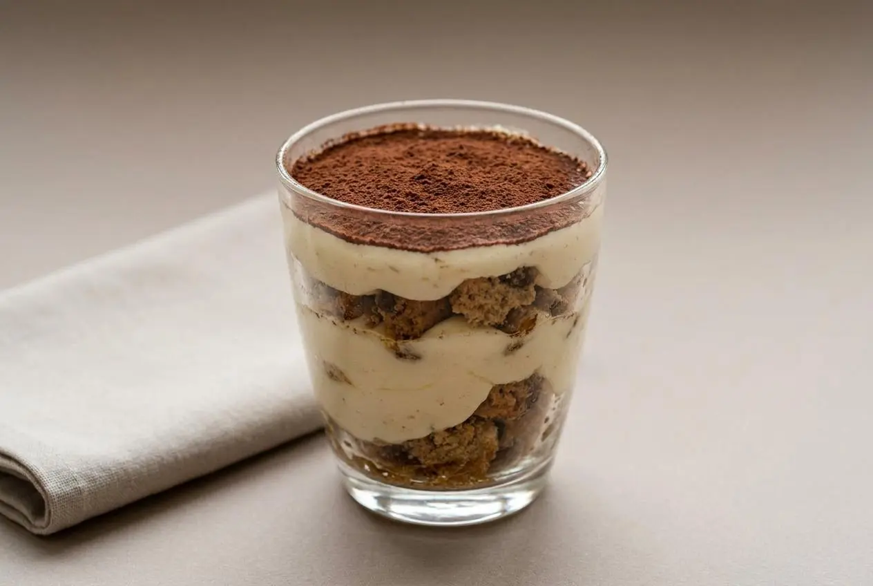 Tiramisu aux cookies gourmand avec crème mascarpone onctueuse et fine couche de cacao.