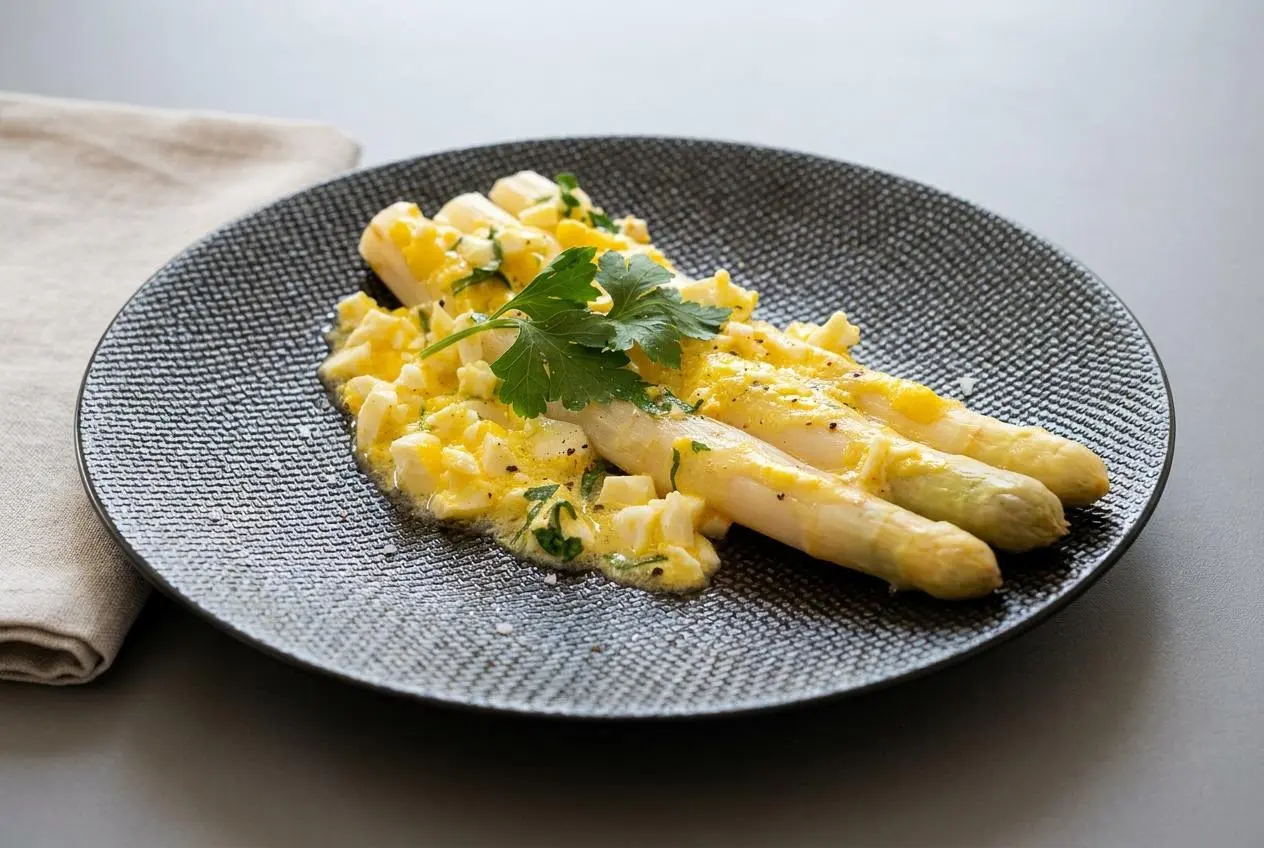 Asperges blanches à la Flamande fondantes nappées de beurre mousseux aux œufs durs et persil frais.