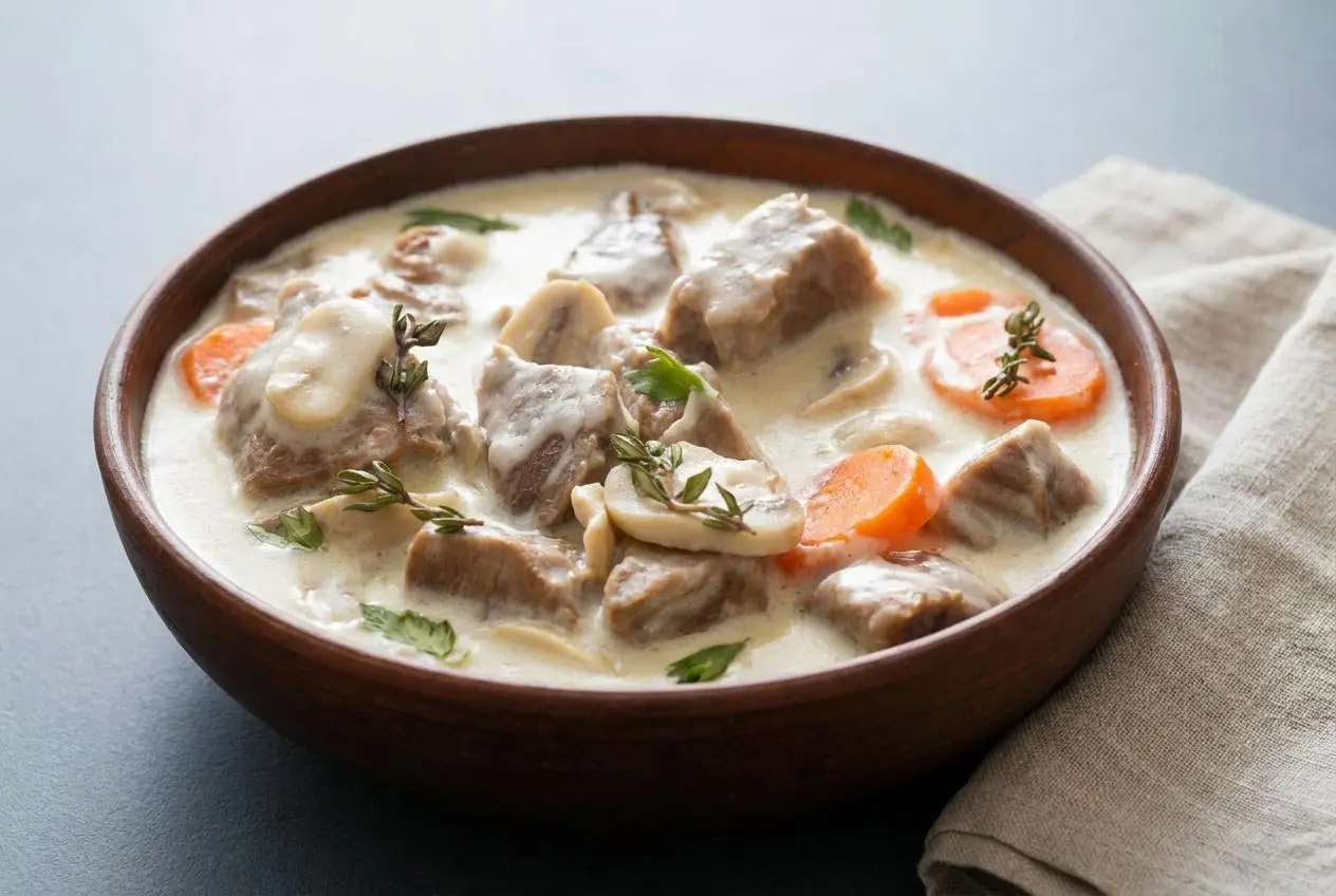 Blanquette de veau Cookeo crémeuse avec morceaux de veau fondants et carottes dans une sauce veloutée.