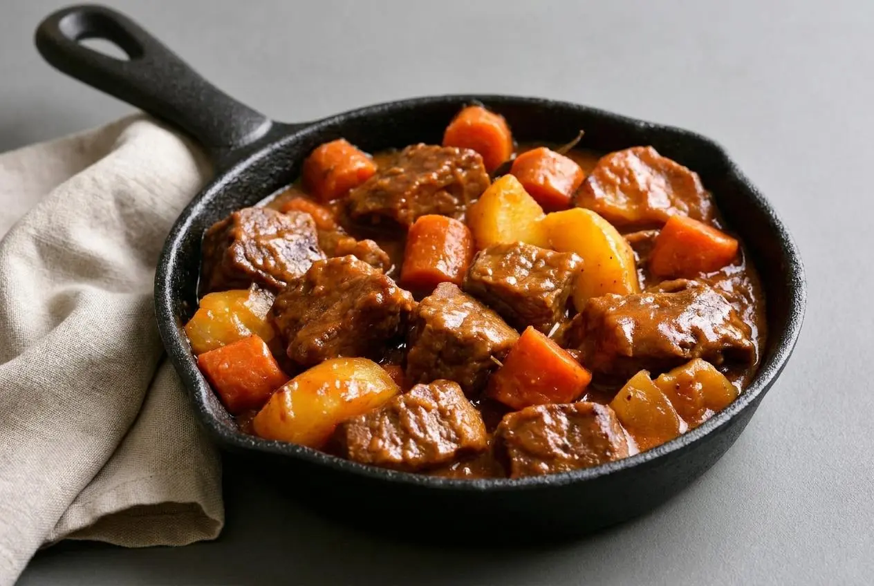 Boeuf aux carottes fondant mijoté en cocotte avec une sauce nappante et des morceaux de viande tendres.
