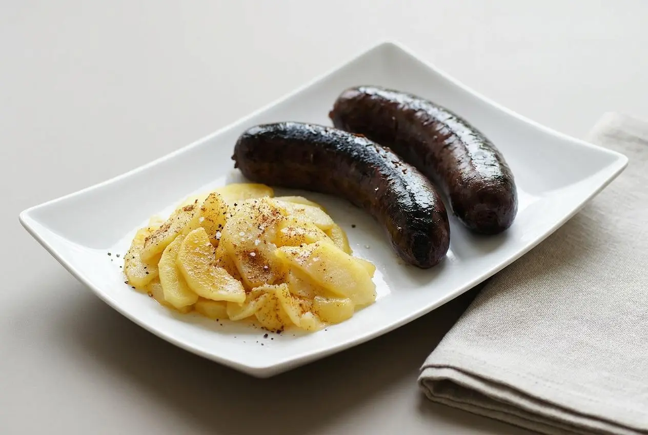 Boudin aux pommes doré à la poêle avec des lamelles de fruits fondants et un boyau bien lisse.