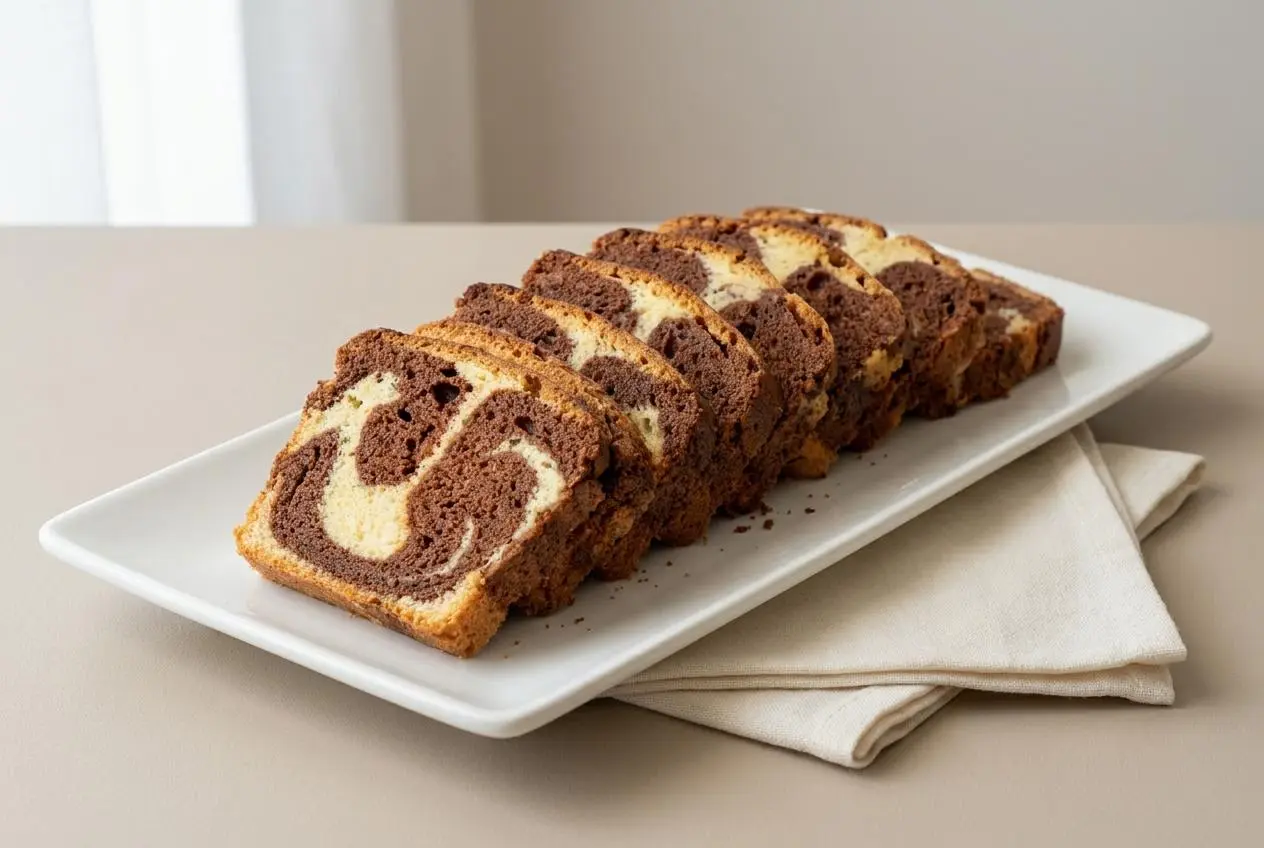 Cake marbré au chocolat bien doré et tranché, montrant ses marbrures régulières de vanille et de chocolat noir.