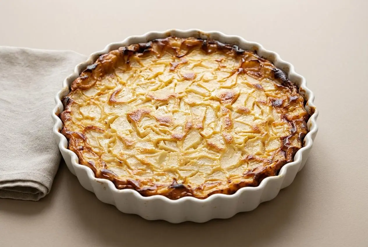 Clafoutis aux poires fondant et doré dans son plat de cuisson en céramique.