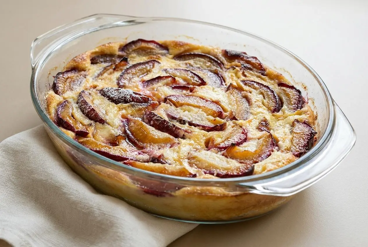 Clafoutis aux prunes quetsches doré et fondant cuit dans un plat en céramique