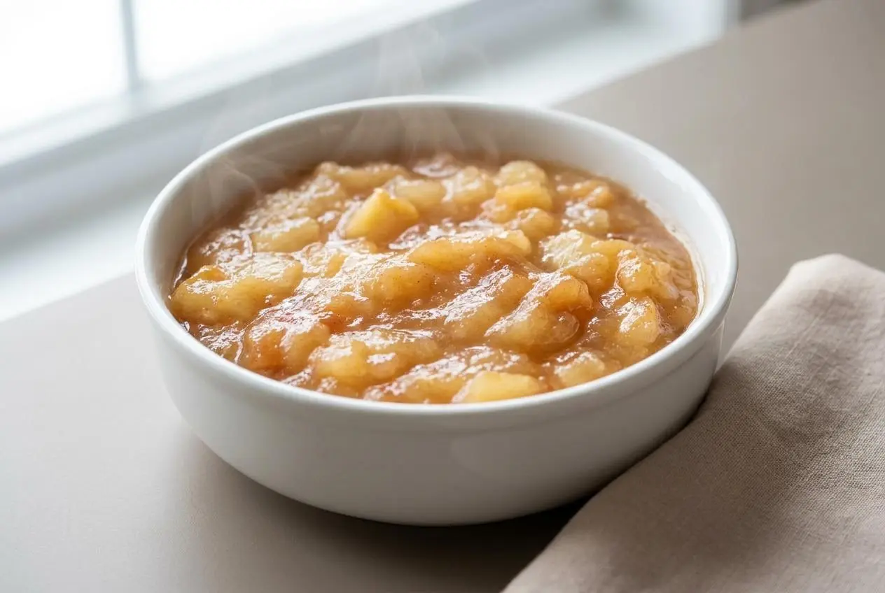Compote de pomme maison fondante à la texture dorée et veloutée servie dans un bol en céramique