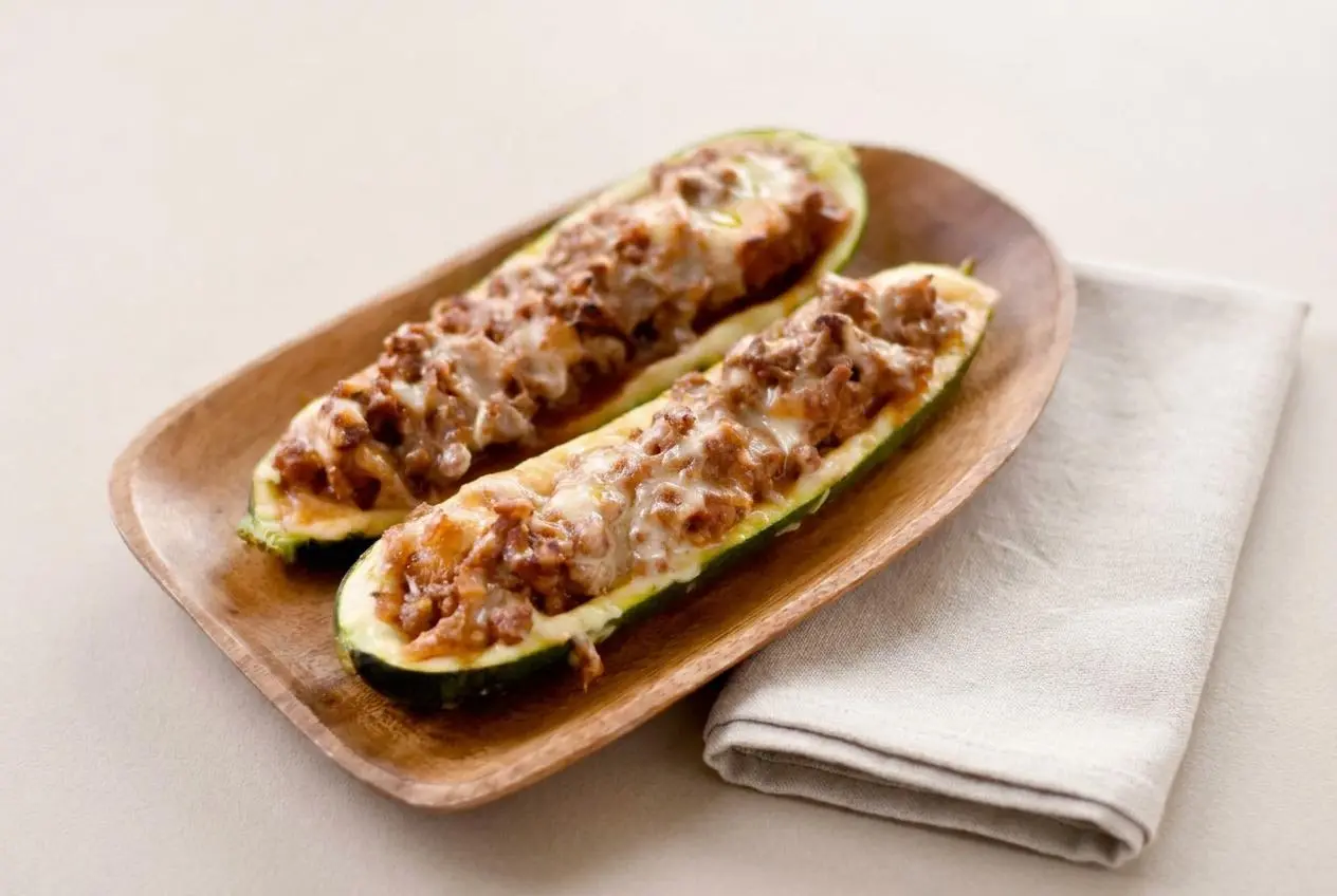 Courgettes farcies au four gratinées avec une garniture dorée à la viande et sauce tomate