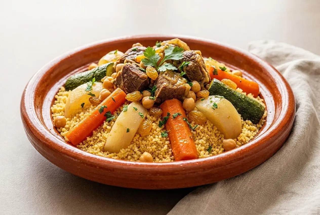 Couscous marocain traditionnel garni d'agneau fondant, de légumes mijotés et d'une semoule dorée vaporeuse.