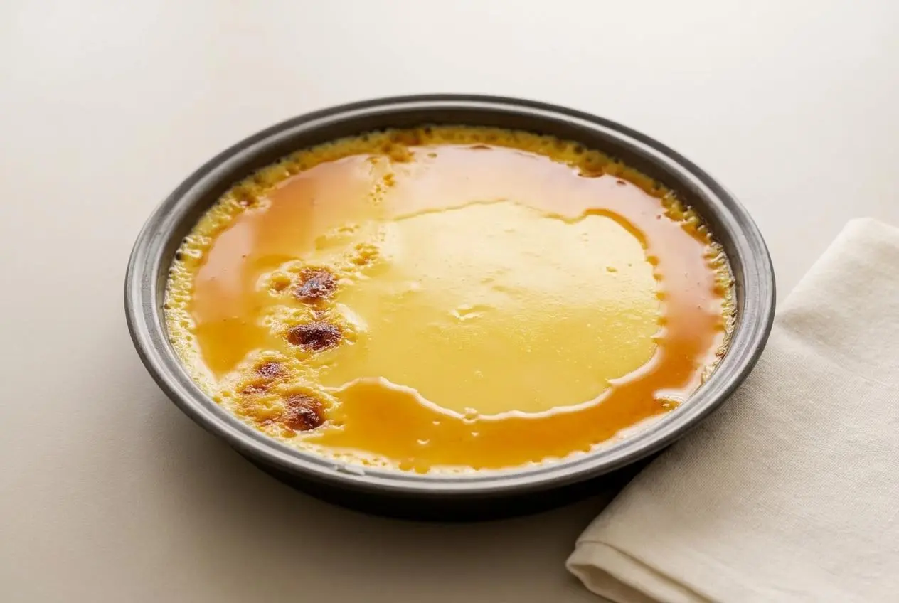 Crème aux oeufs traditionnelle dorée et cuite au bain-marie dans son plat en céramique.