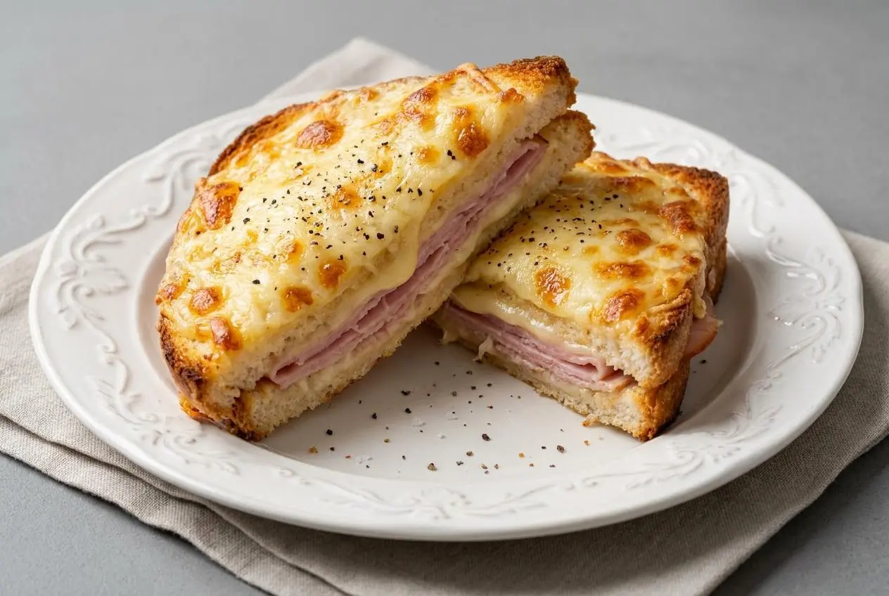 Croque monsieur au four doré avec gruyère gratiné et tranches croustillantes.