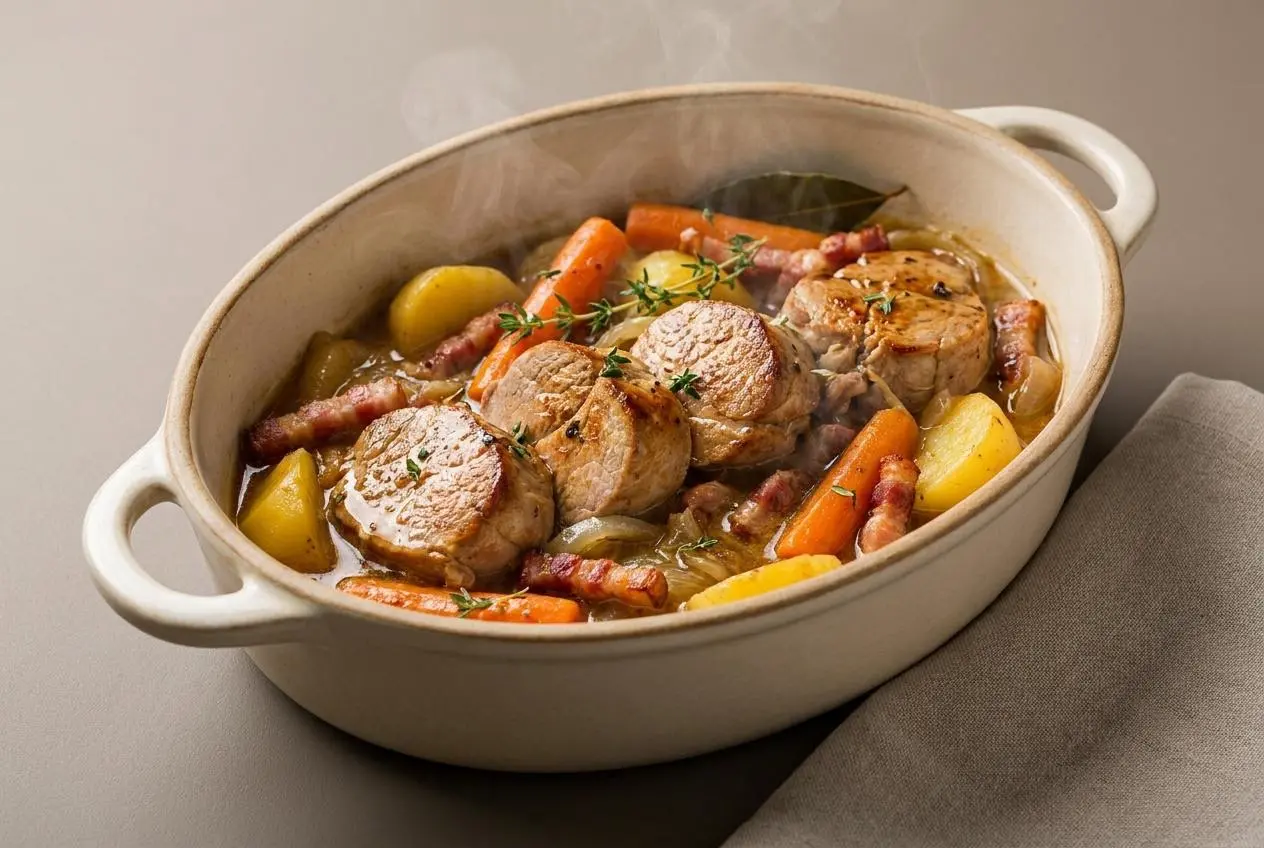 Filet mignon de porc en cocotte doré et fondant nappé de sauce onctueuse aux lardons et oignons.