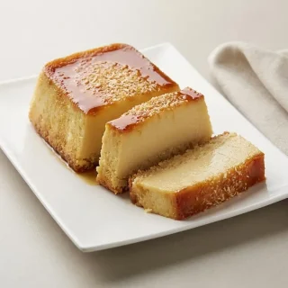 Flan coco au lait concentré sucré démoulé nappé d'un caramel doré et ambré