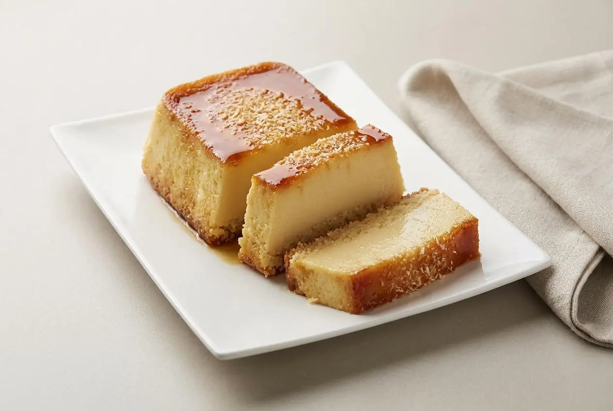 Flan coco au lait concentré sucré démoulé nappé d'un caramel doré et ambré