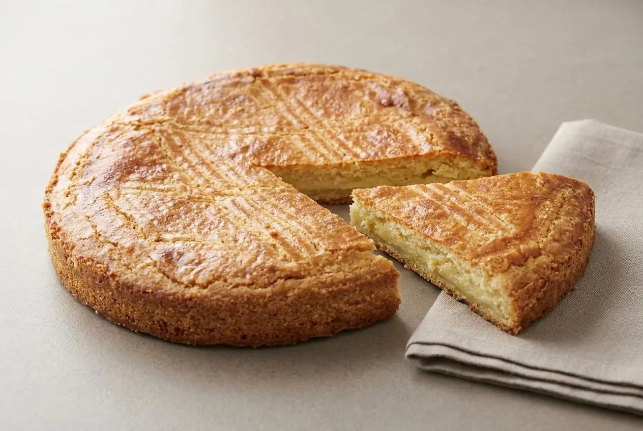 Gâteau Basque Maison entier à la croûte dorée et croustillante, strié de croisillons traditionnels.
