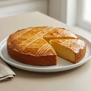 Gâteau Breton traditionnel à la croûte dorée brillante et aux croisillons bien marqués.