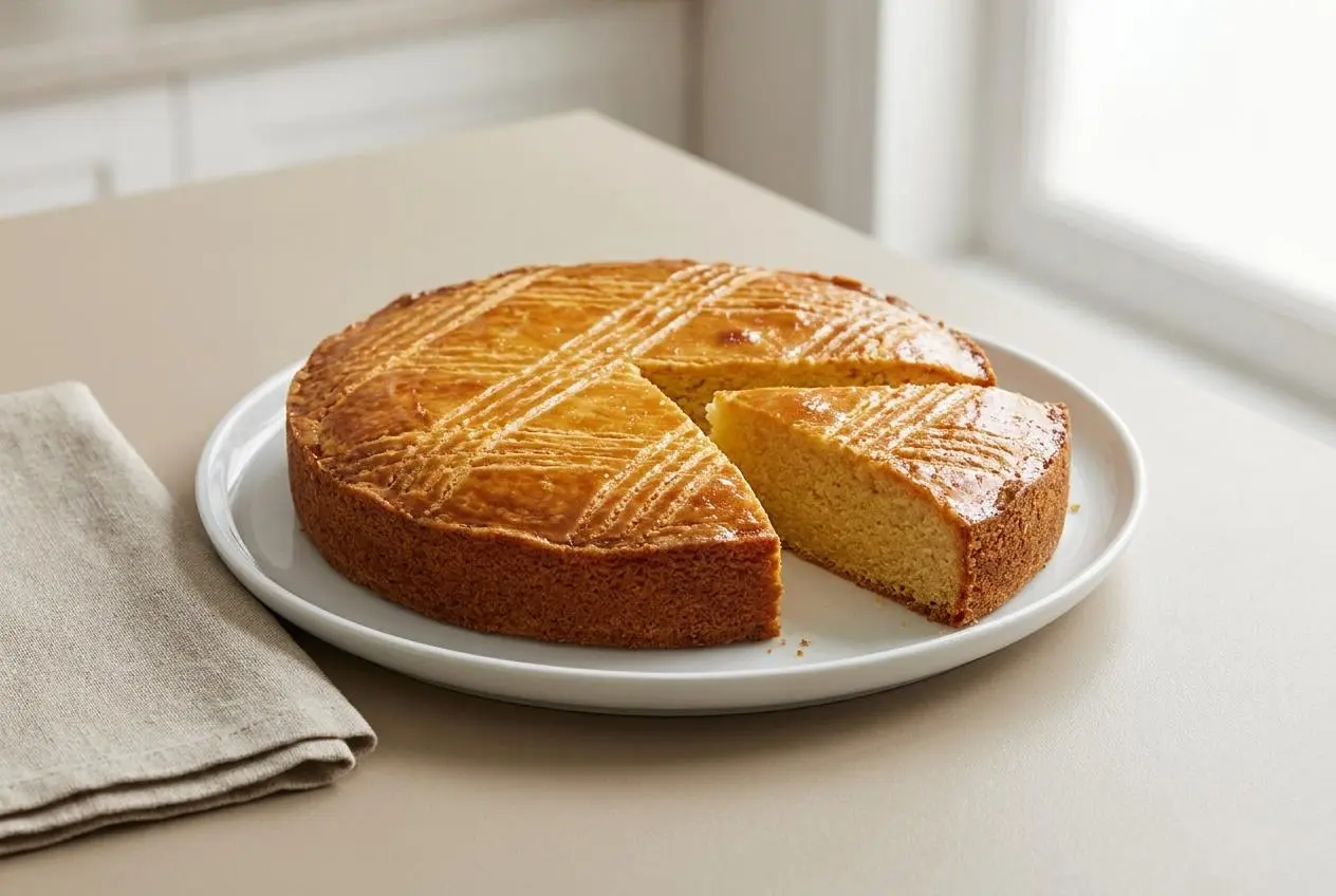 Gâteau Breton traditionnel à la croûte dorée brillante et aux croisillons bien marqués.