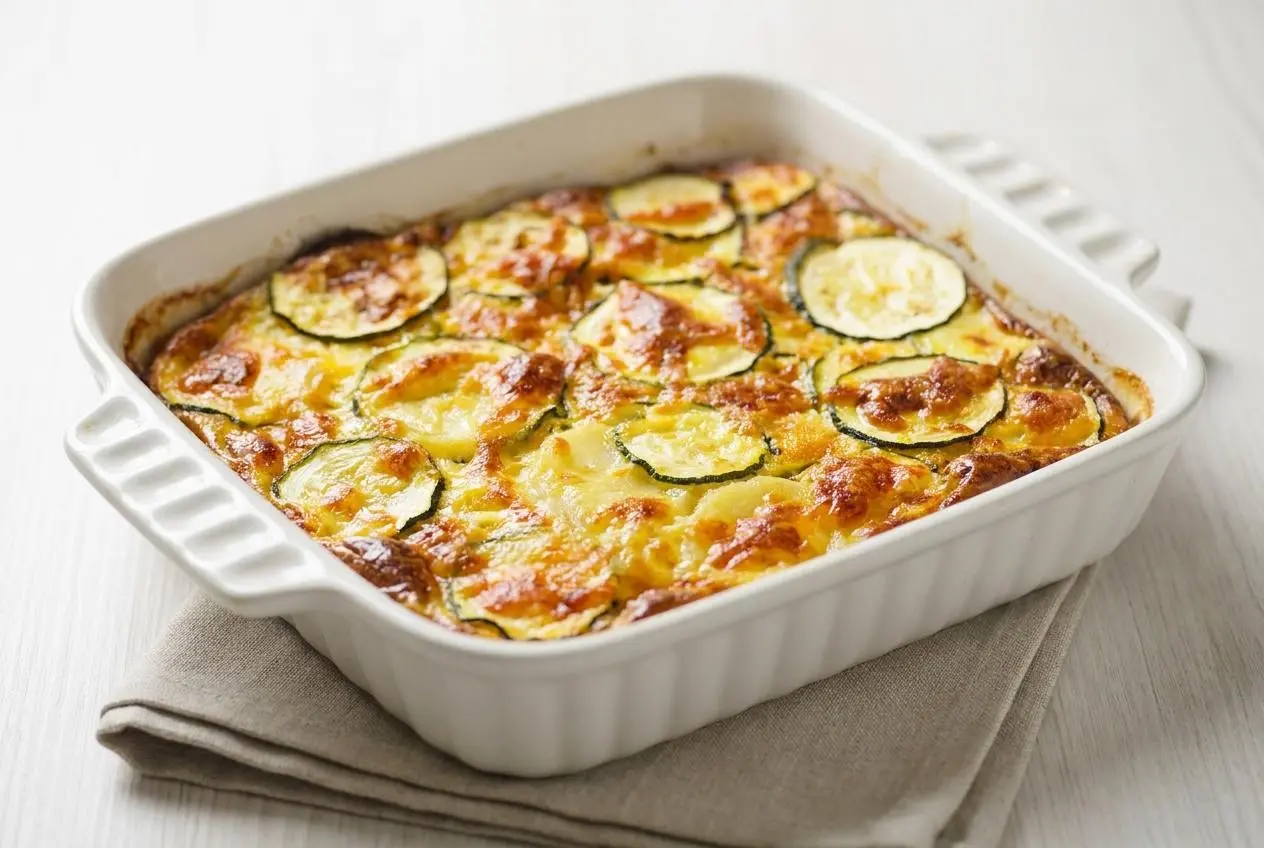 Gratin de courgettes et pommes de terre cuit au four avec une croûte de fromage doré et croustillant.
