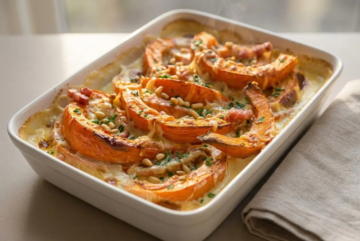 Plat de gratin de butternut doré et crémeux, parsemé de parmesan gratiné et de pignons de pin.