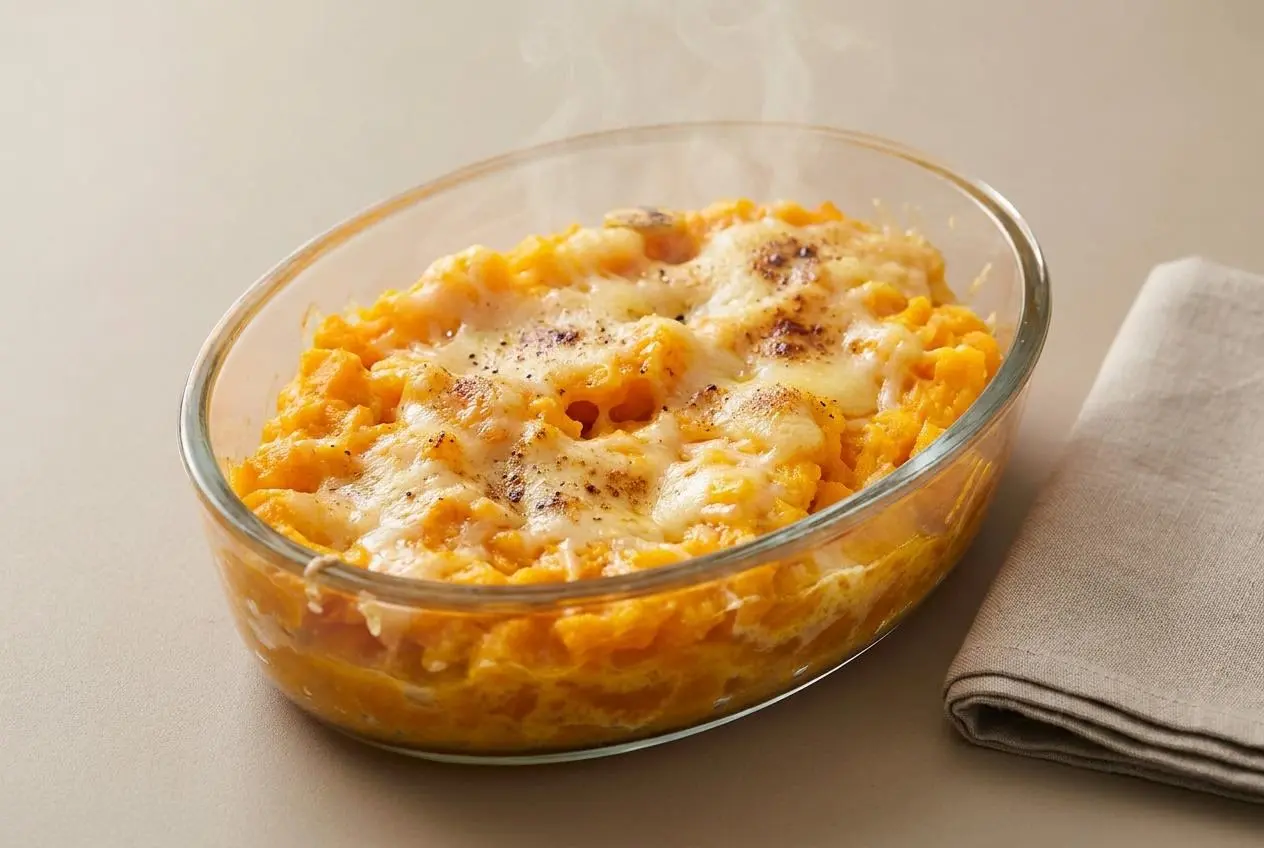 Gratin de courge fondant à la croûte dorée au gruyère fondu dans un plat en céramique.