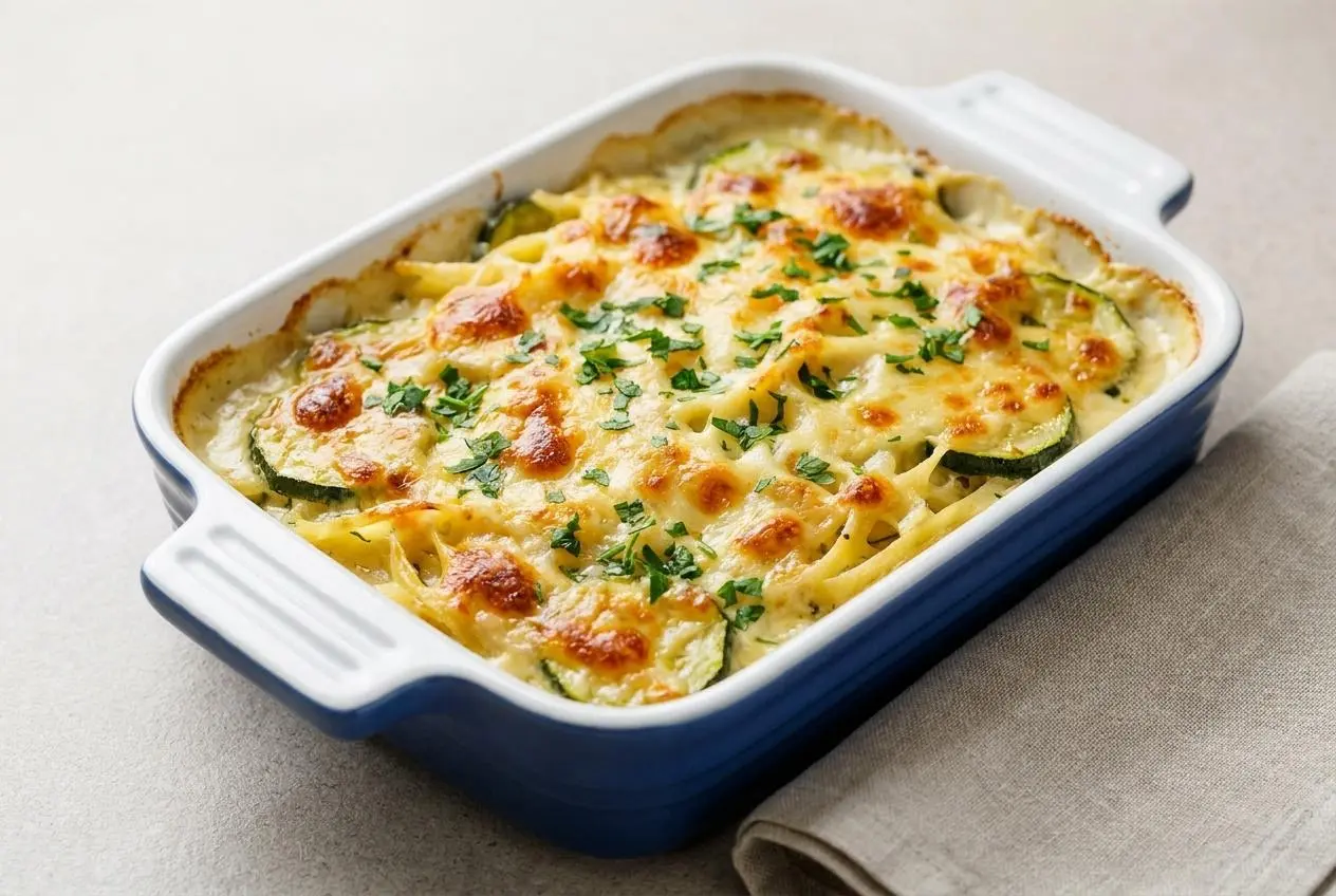 Gratin de pâtes aux courgettes fondant sous une croûte d'emmental dorée et croustillante.