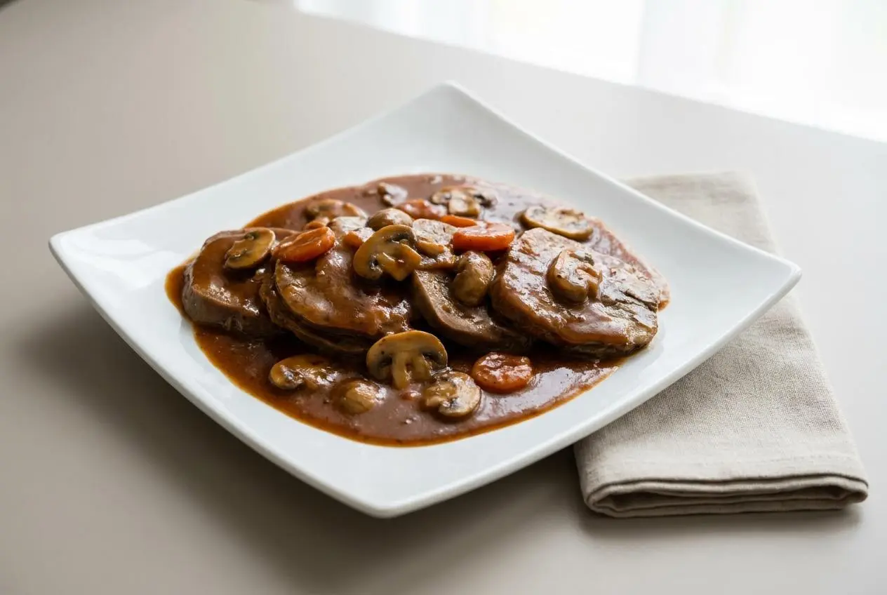 Langue de bœuf à la sauce Madère fondante nappée d'une sauce ambrée brillante aux champignons
