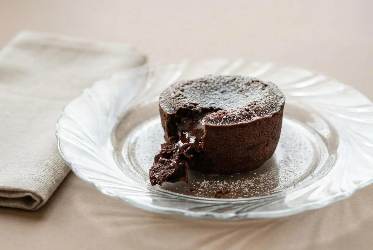 Moelleux au chocolat démoulé sur assiette avec une surface légèrement craquelée et un cœur fondant.