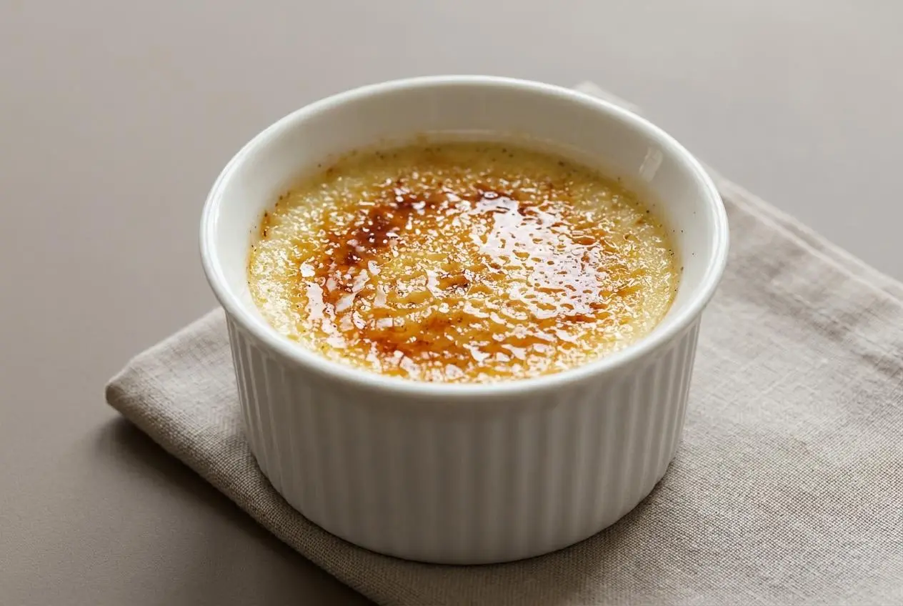 Plat traditionnel d'œufs au lait à la vanille avec une surface dorée et fondante.