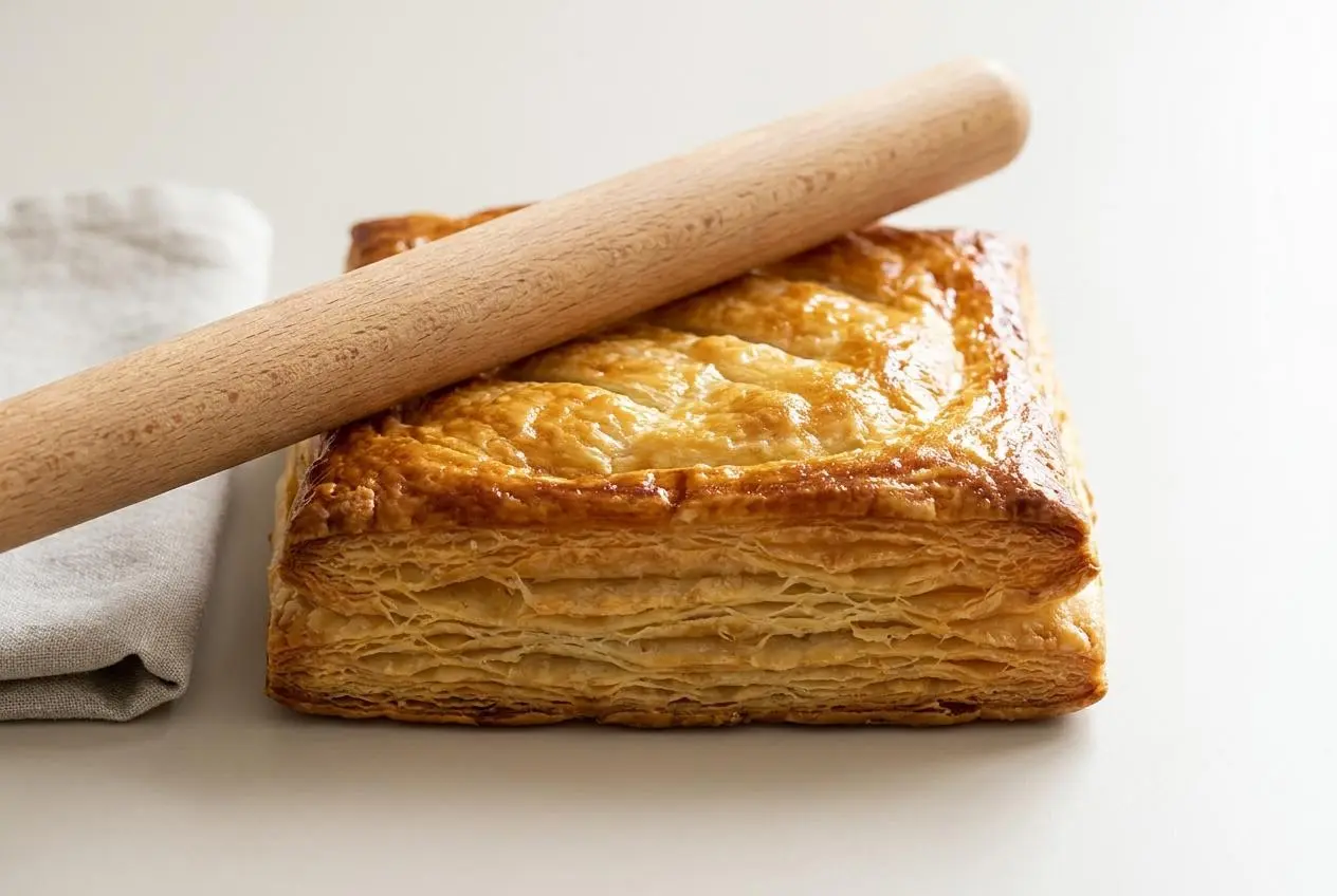 Pate feuilletée pur beurre cuite et bien dorée révélant de fines couches croustillantes et aérées.