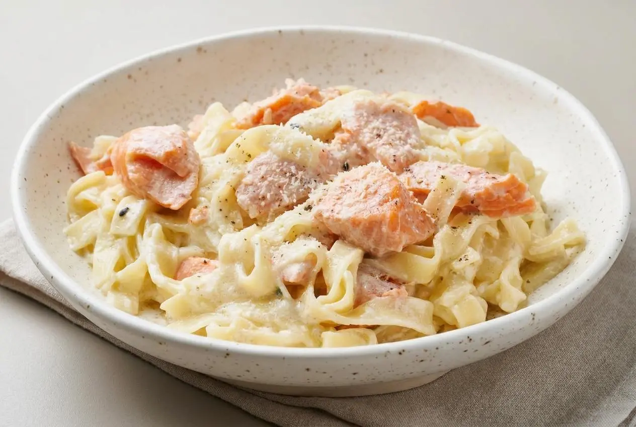 Tagliatelles onctueuses aux dés de saumon frais poché dans une sauce crémeuse pour la recette des pates au saumon.