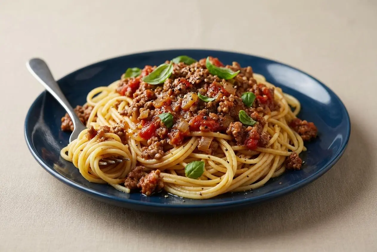 Assiette généreuse de pates bolognaise aux spaghettis et sauce tomate nappante à la viande de bœuf
