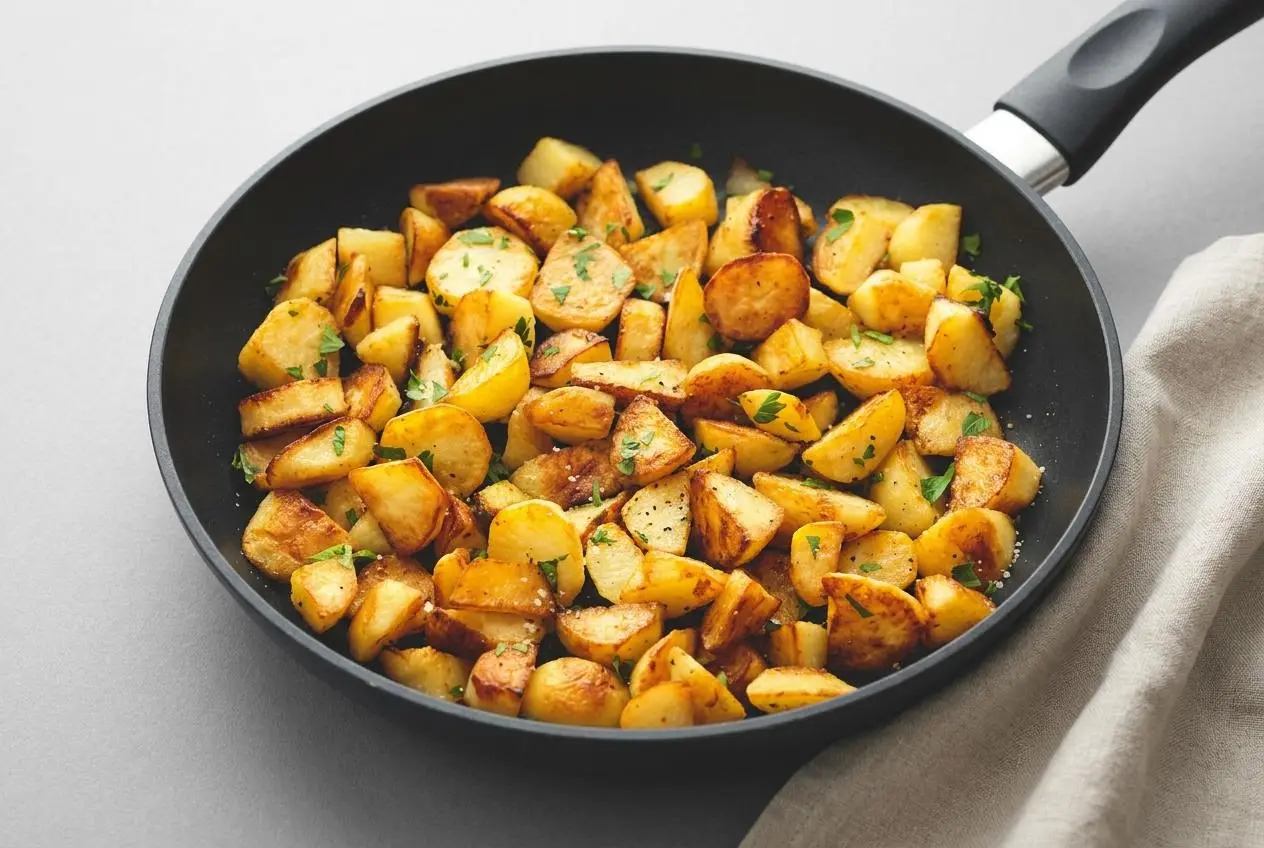 Pommes de terre rissolées bien dorées et croustillantes parsemées de persil et d'ail haché