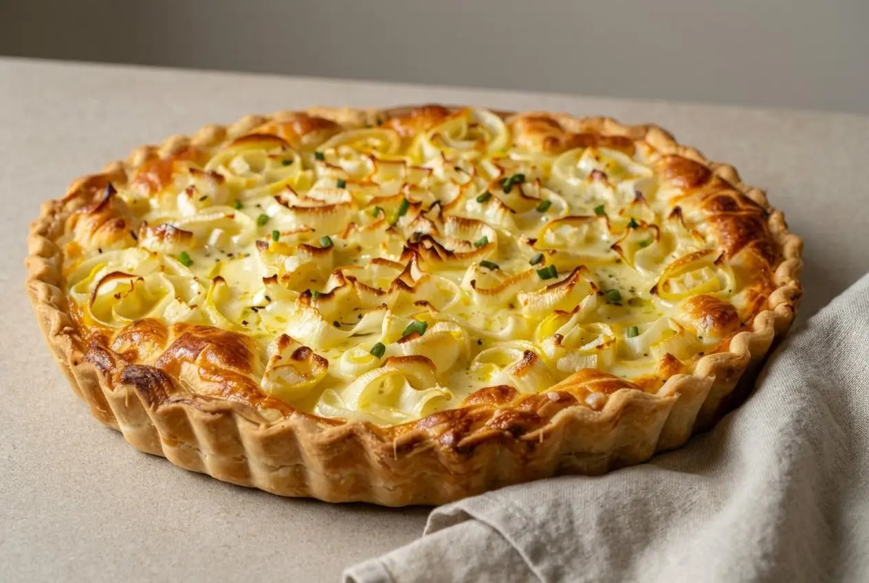 Quiche aux poireaux dorée et fondante sortie du four dans son moule à tarte.