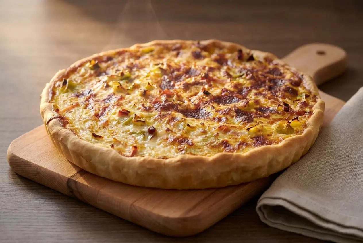 Quiche poireaux lardons dorée au four avec une garniture crémeuse et une croûte croustillante.