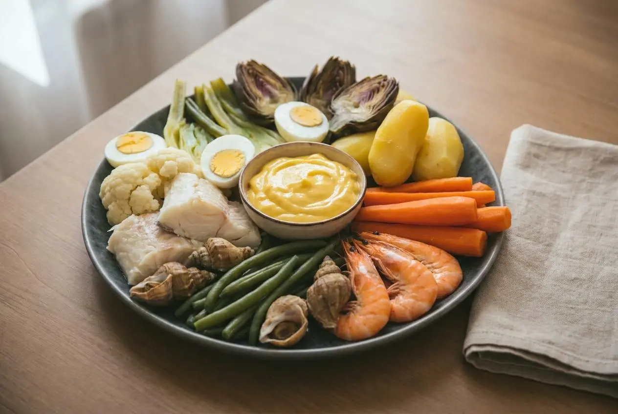 Plat d'aïoli provençal garni de morue pochée, légumes vapeur, œufs durs et sauce aillée onctueuse