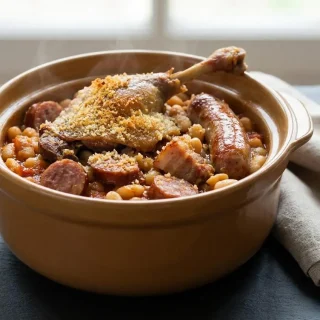 Recette cassoulet traditionnel avec croûte dorée, saucisse de Toulouse et confit de canard dans son plat