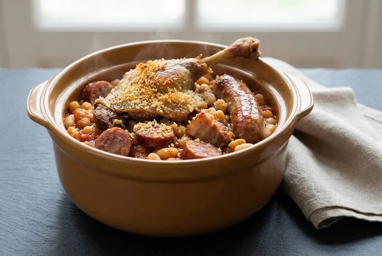 Recette cassoulet traditionnel avec croûte dorée, saucisse de Toulouse et confit de canard dans son plat