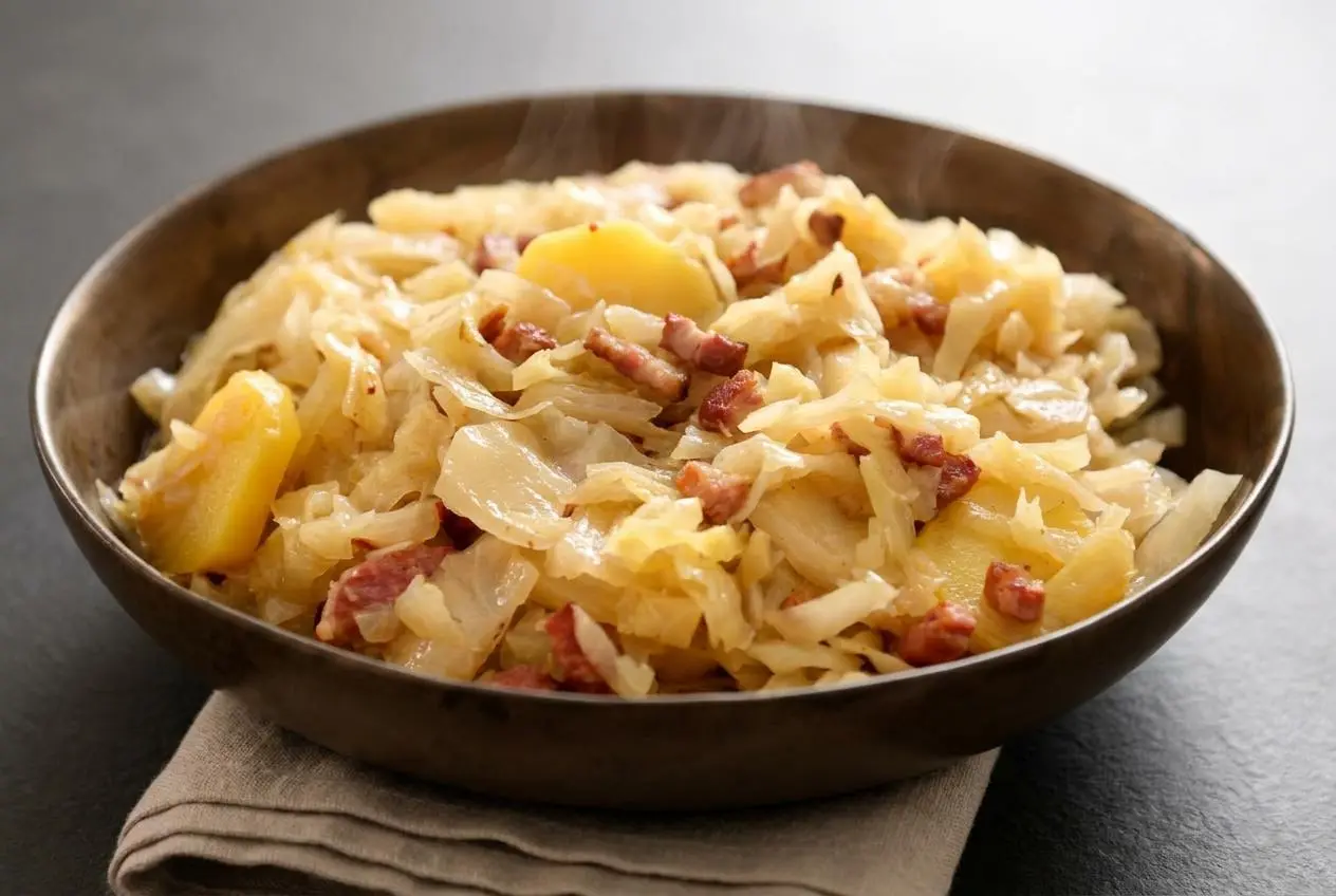 Recette chou blanc fondant mijoté aux lardons dorés et pommes de terre tendres dans un poêlon