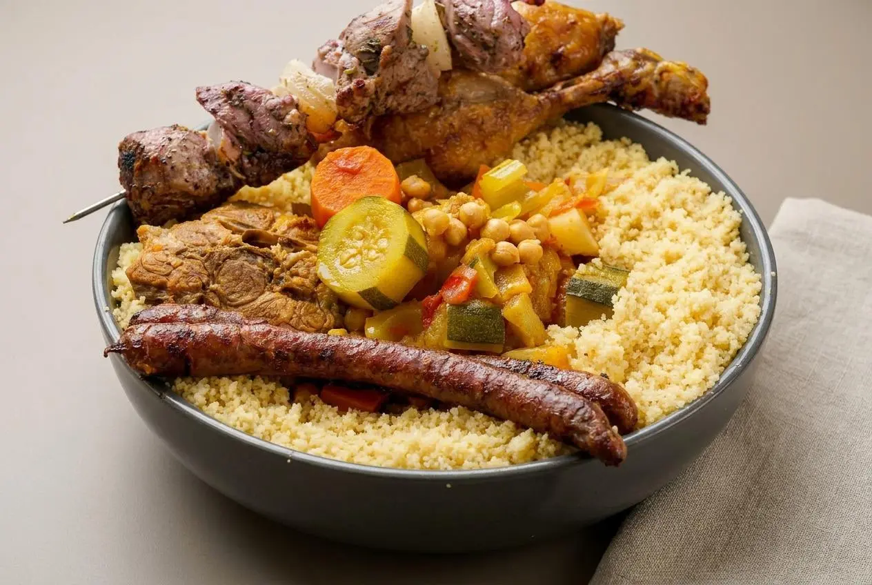 Plat généreux de recette couscous royal aux viandes fondantes, légumes parfumés et semoule dorée vaporeuse.