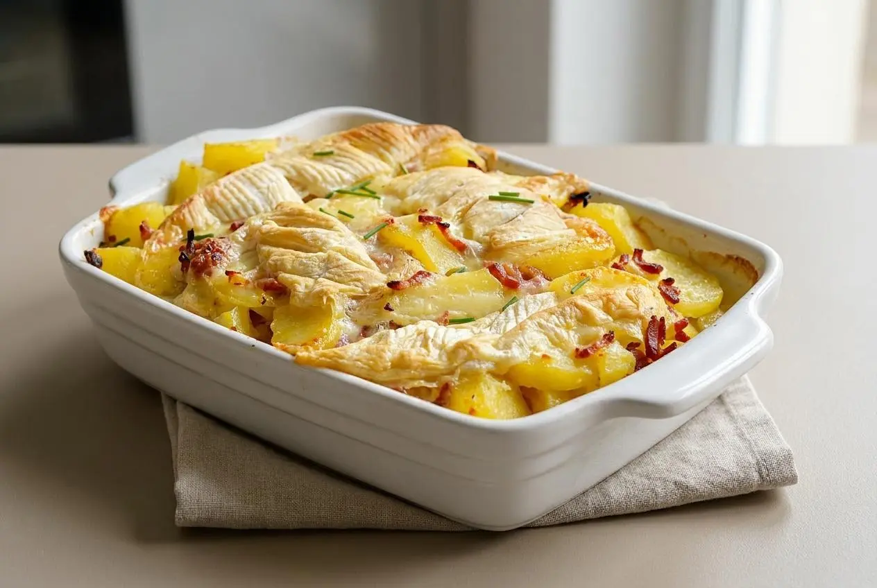 Plat de recette de tartiflette savoyarde gratinée au reblochon crémeux et lardons fumés